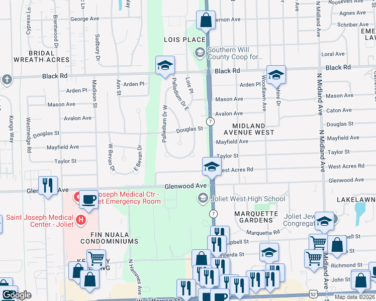 map of restaurants, bars, coffee shops, grocery stores, and more near 715 Palladium Drive West in Joliet