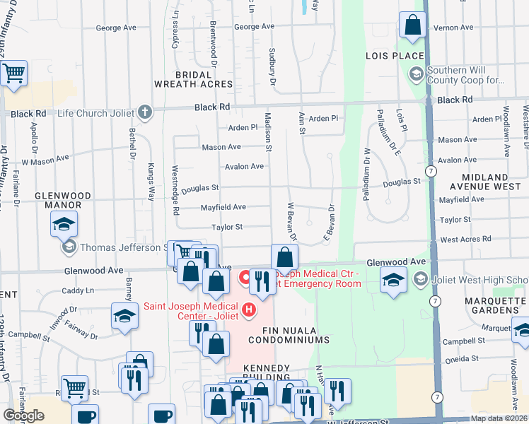 map of restaurants, bars, coffee shops, grocery stores, and more near 2204 Mayfield Avenue in Joliet