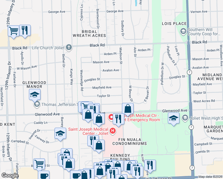 map of restaurants, bars, coffee shops, grocery stores, and more near 2216 Mayfield Avenue in Joliet