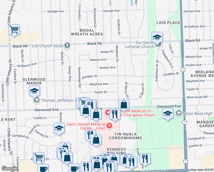 map of restaurants, bars, coffee shops, grocery stores, and more near 2216 Mayfield Avenue in Joliet