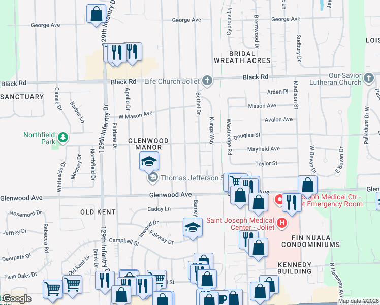 map of restaurants, bars, coffee shops, grocery stores, and more near 517 Terry Drive in Joliet