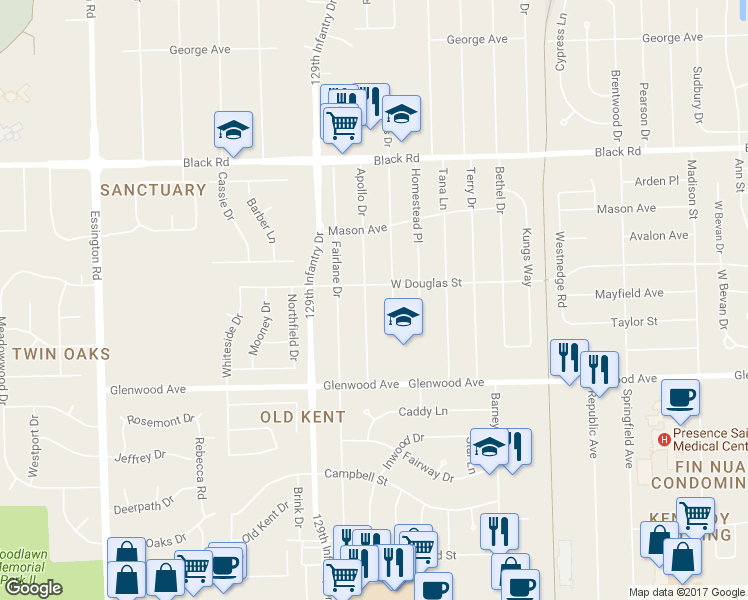 map of restaurants, bars, coffee shops, grocery stores, and more near 518 Apollo Drive in Joliet