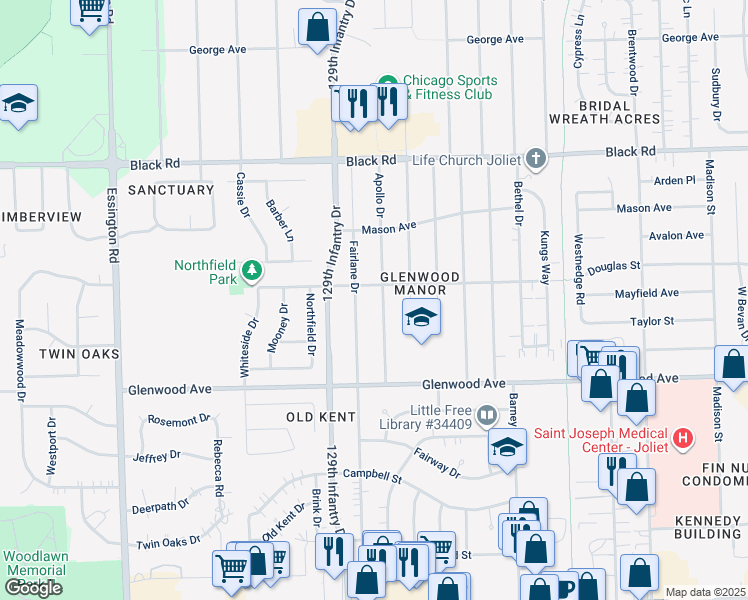 map of restaurants, bars, coffee shops, grocery stores, and more near 518 Apollo Drive in Joliet