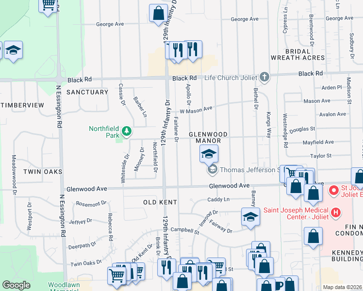 map of restaurants, bars, coffee shops, grocery stores, and more near 517 Fairlane Drive in Joliet