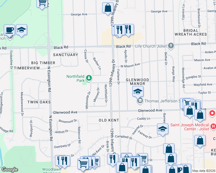 map of restaurants, bars, coffee shops, grocery stores, and more near 506 Northfield Drive in Joliet
