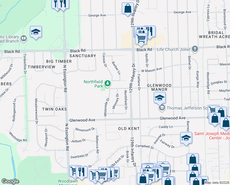 map of restaurants, bars, coffee shops, grocery stores, and more near 513 Mooney Drive in Joliet
