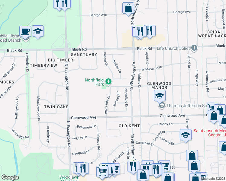 map of restaurants, bars, coffee shops, grocery stores, and more near 513 Mooney Drive in Joliet