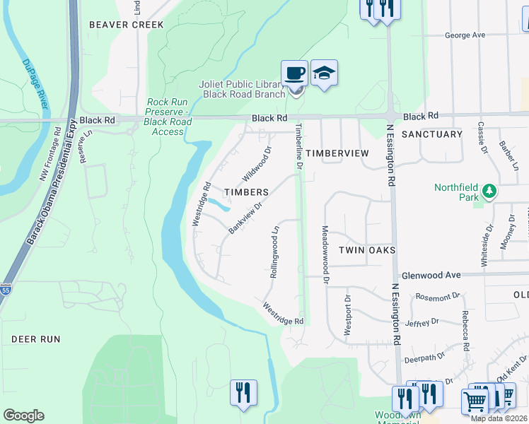 map of restaurants, bars, coffee shops, grocery stores, and more near 3510 Bankview Drive in Joliet