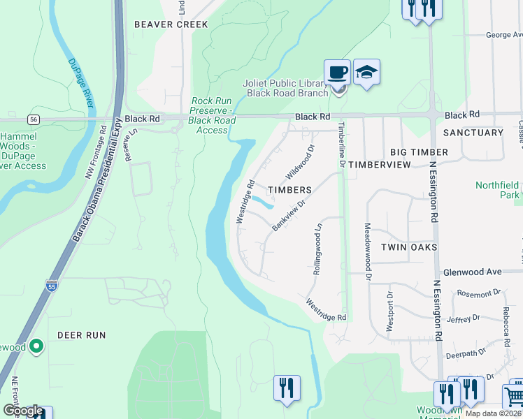 map of restaurants, bars, coffee shops, grocery stores, and more near 3617 Timbercrest Drive in Joliet