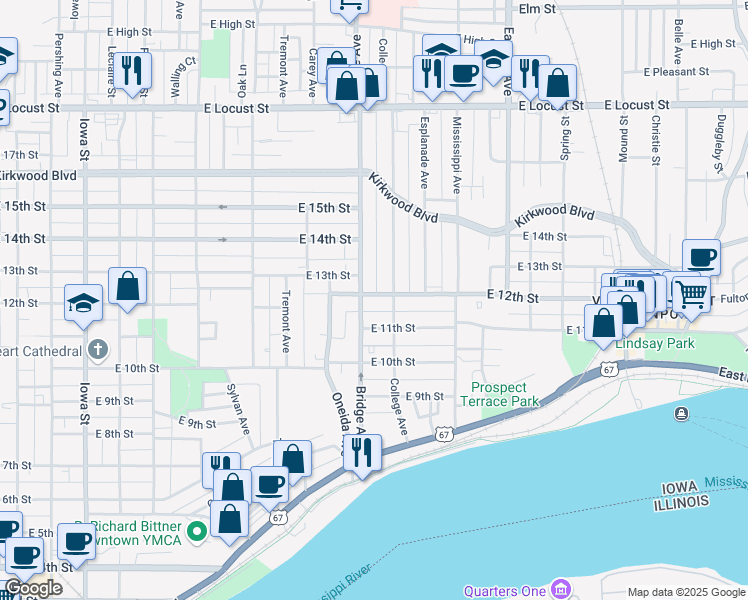 map of restaurants, bars, coffee shops, grocery stores, and more near 1122 Bridge Avenue in Davenport