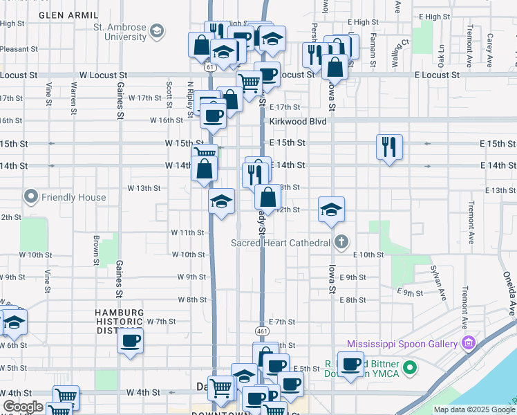 map of restaurants, bars, coffee shops, grocery stores, and more near 110 West 12th Street in Davenport