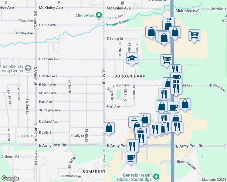 map of restaurants, bars, coffee shops, grocery stores, and more near 600 East Wall Avenue in Des Moines