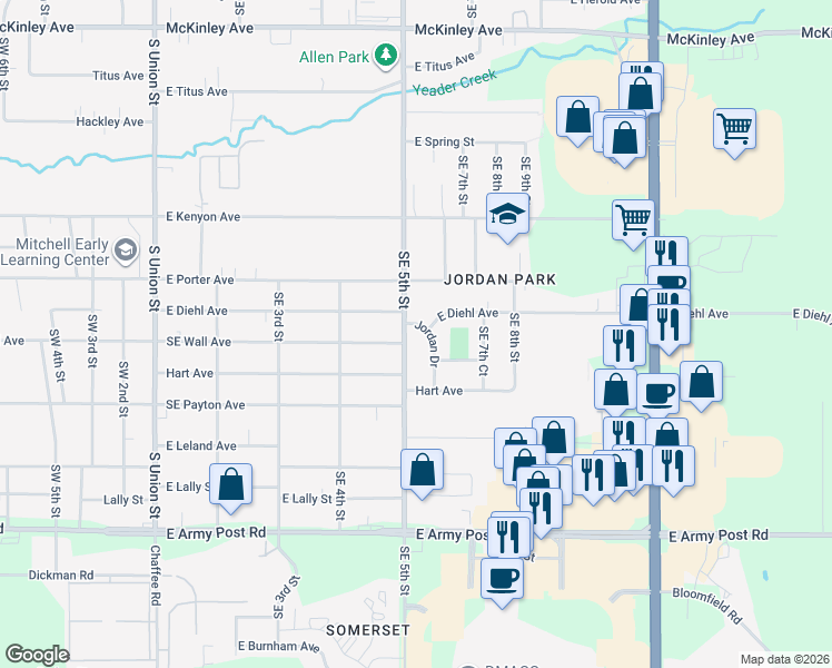 map of restaurants, bars, coffee shops, grocery stores, and more near 5725 Southeast 5th Street in Des Moines