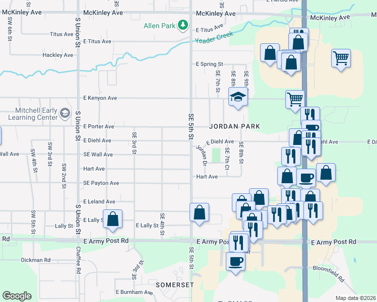 map of restaurants, bars, coffee shops, grocery stores, and more near 5725 Southeast 5th Street in Des Moines