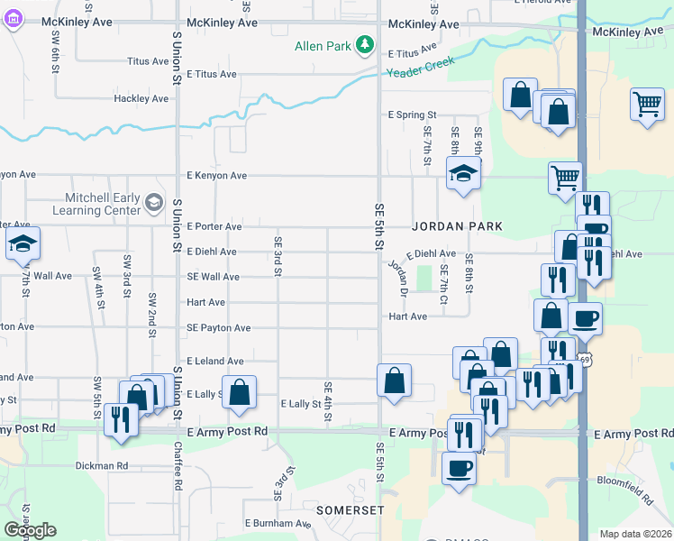 map of restaurants, bars, coffee shops, grocery stores, and more near 342 East Wall Avenue in Des Moines