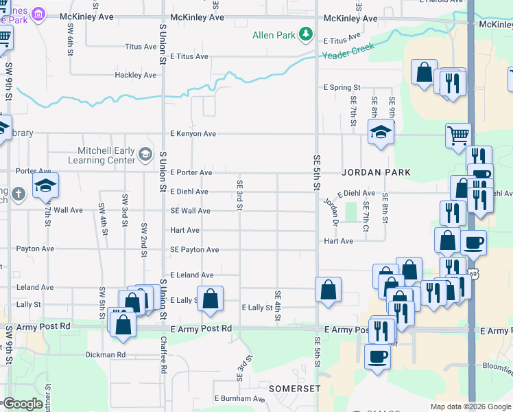 map of restaurants, bars, coffee shops, grocery stores, and more near 316 East Wall Avenue in Des Moines