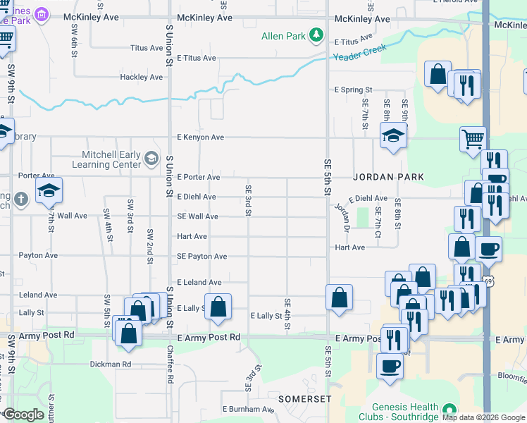 map of restaurants, bars, coffee shops, grocery stores, and more near 316 East Wall Avenue in Des Moines