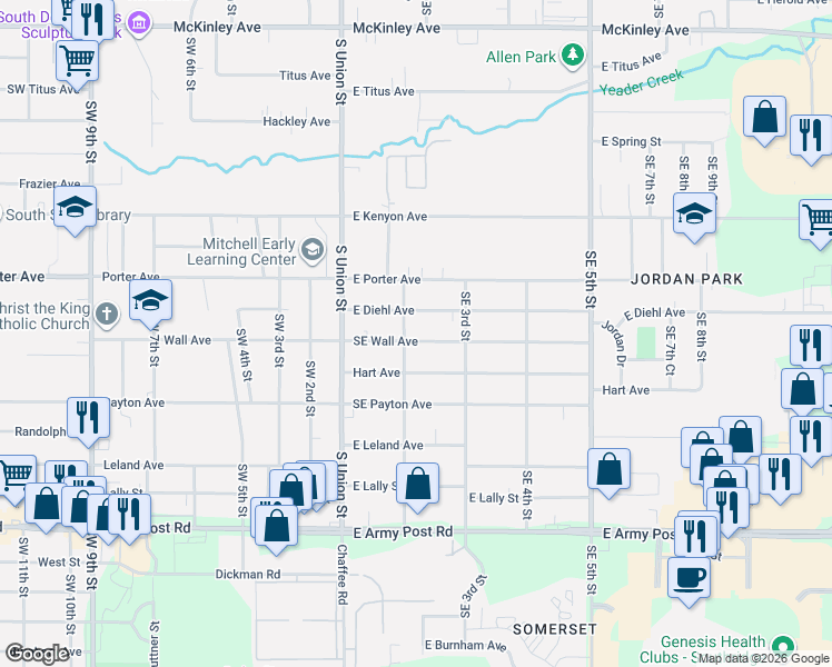 map of restaurants, bars, coffee shops, grocery stores, and more near 200 East Wall Avenue in Des Moines