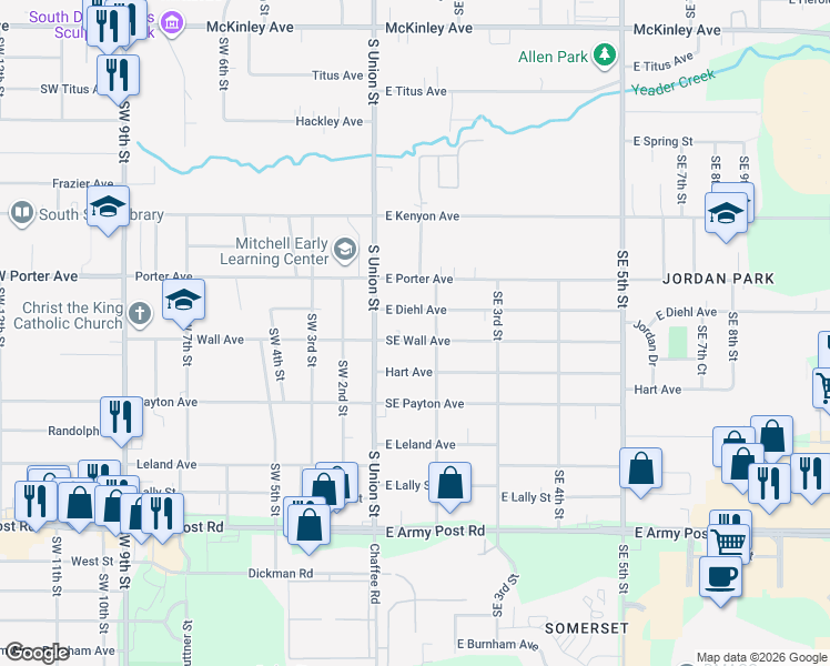 map of restaurants, bars, coffee shops, grocery stores, and more near 18 East Wall Avenue in Des Moines