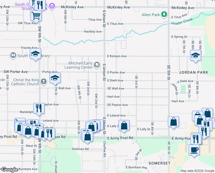 map of restaurants, bars, coffee shops, grocery stores, and more near 18 East Wall Avenue in Des Moines