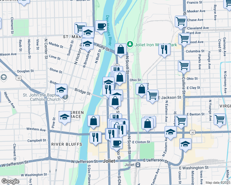 map of restaurants, bars, coffee shops, grocery stores, and more near 414 South Chicago Street in Joliet