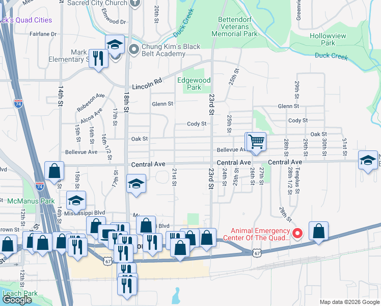 map of restaurants, bars, coffee shops, grocery stores, and more near 2147 Bellevue Avenue in Bettendorf