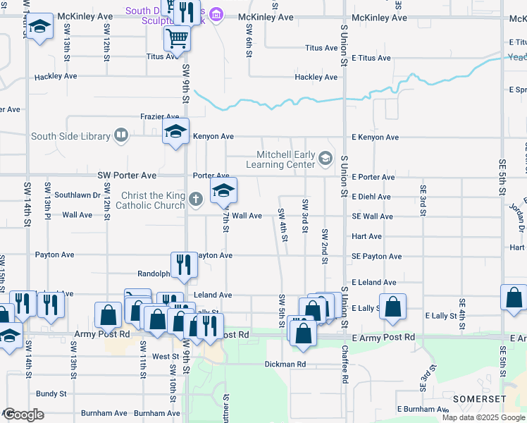 map of restaurants, bars, coffee shops, grocery stores, and more near 507 Wall Avenue in Des Moines