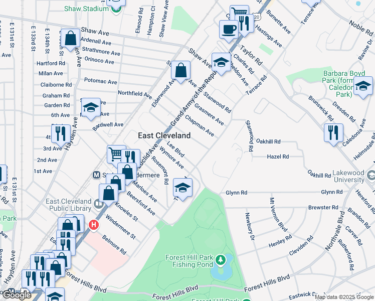 map of restaurants, bars, coffee shops, grocery stores, and more near 1847 Lee Boulevard in East Cleveland