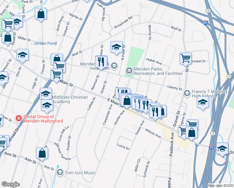 map of restaurants, bars, coffee shops, grocery stores, and more near 27 Pearl Street in Meriden