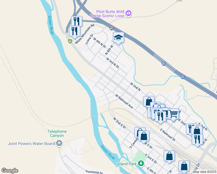 map of restaurants, bars, coffee shops, grocery stores, and more near 582 West Railroad Avenue in Green River