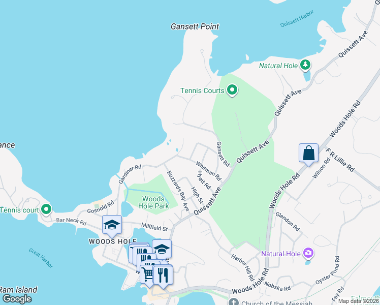 map of restaurants, bars, coffee shops, grocery stores, and more near 8 Mast Road in Falmouth