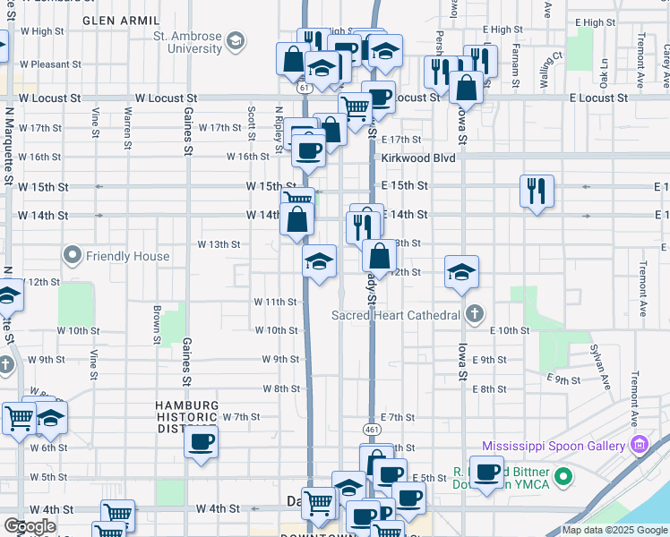 map of restaurants, bars, coffee shops, grocery stores, and more near 241 West 12th Street in Davenport