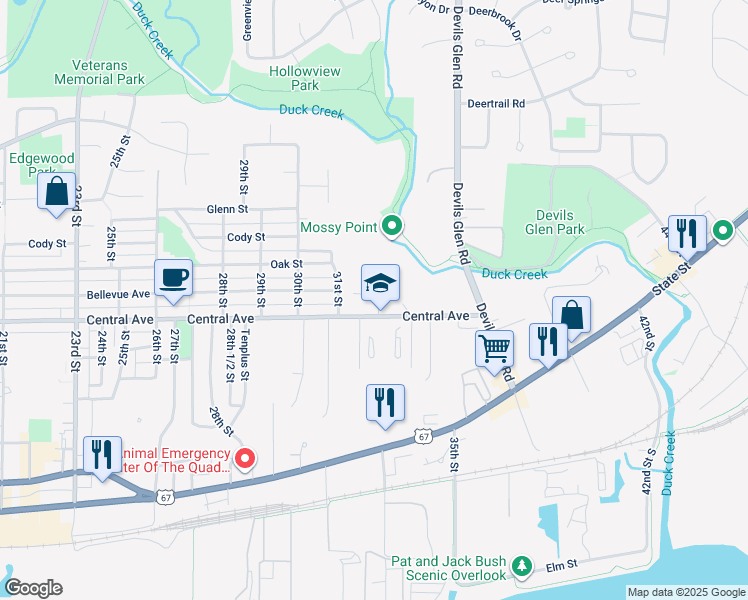 map of restaurants, bars, coffee shops, grocery stores, and more near 1020 33rd Street in Bettendorf