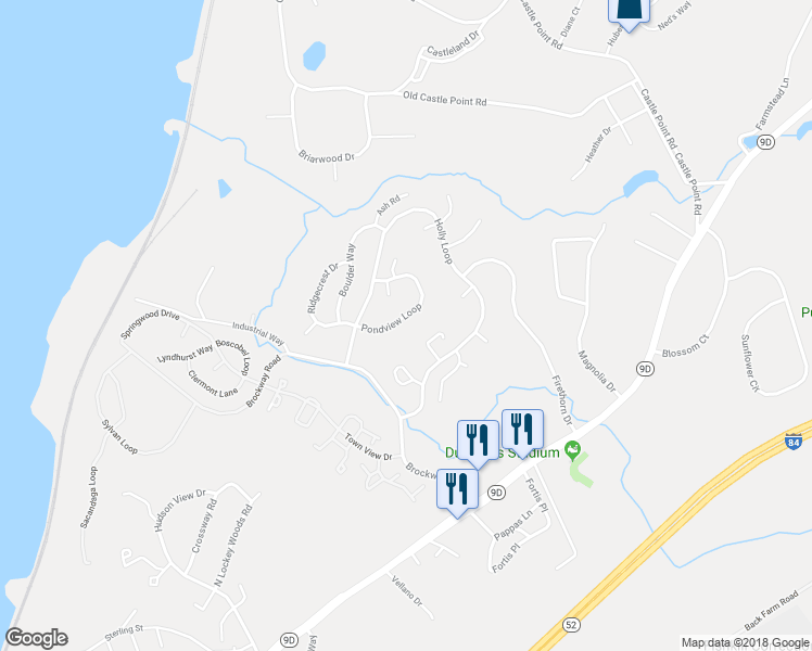 map of restaurants, bars, coffee shops, grocery stores, and more near 804 Pondview Loop in Wappingers Falls