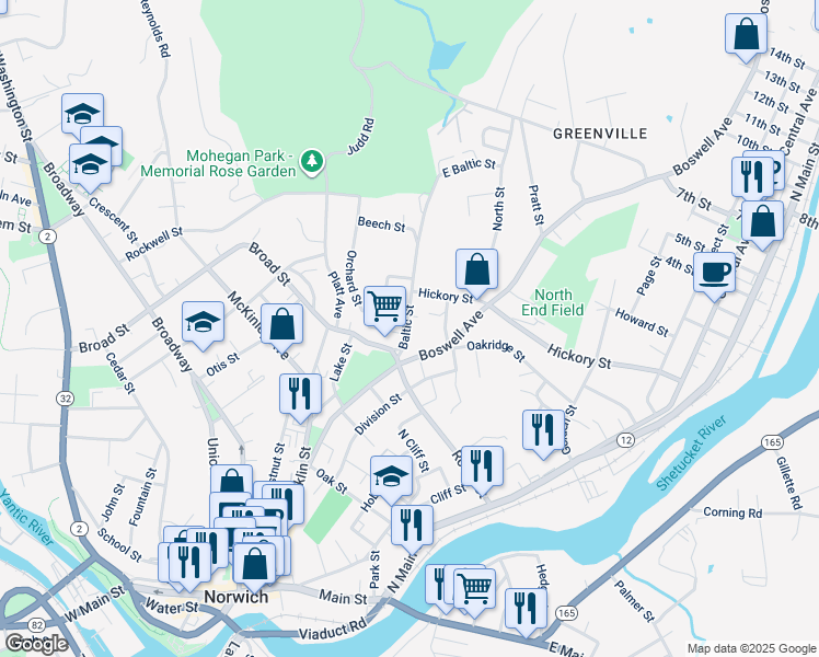 map of restaurants, bars, coffee shops, grocery stores, and more near 25 Baltic Street in Norwich