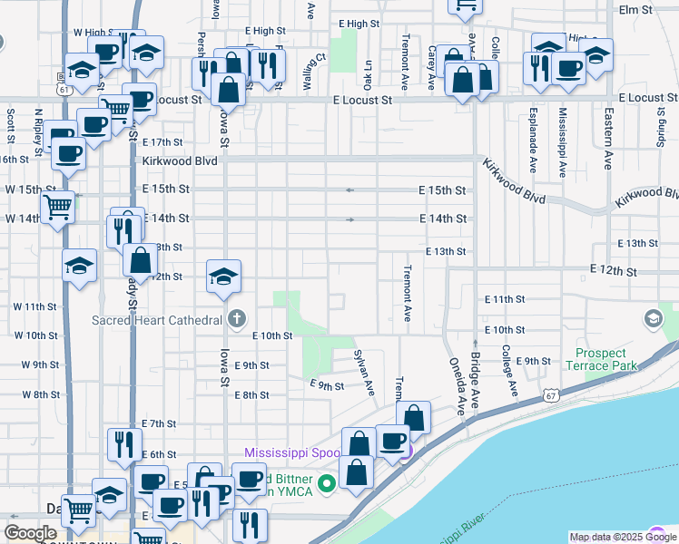 map of restaurants, bars, coffee shops, grocery stores, and more near 1207 Grand Avenue in Davenport
