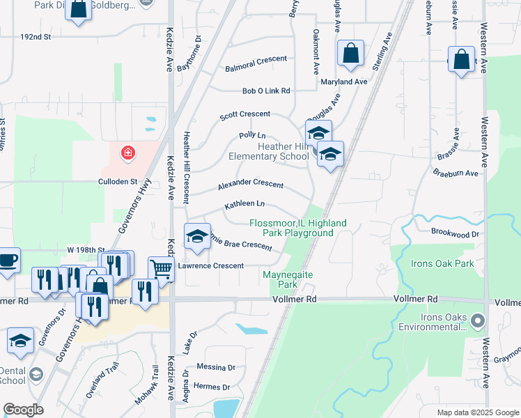 map of restaurants, bars, coffee shops, grocery stores, and more near 2928 Kathleen Lane in Flossmoor