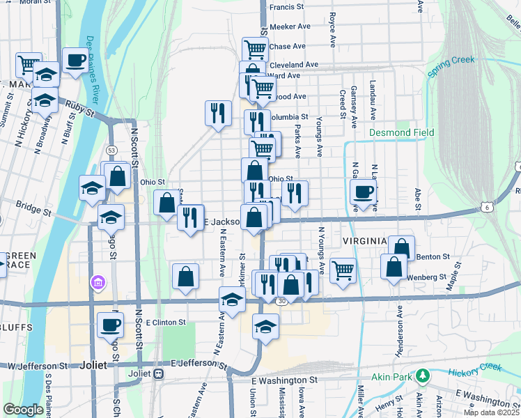 map of restaurants, bars, coffee shops, grocery stores, and more near 417 Collins Street in Joliet
