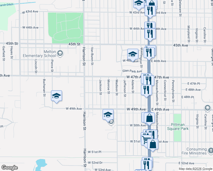 map of restaurants, bars, coffee shops, grocery stores, and more near 4755 Monroe Street in Gary
