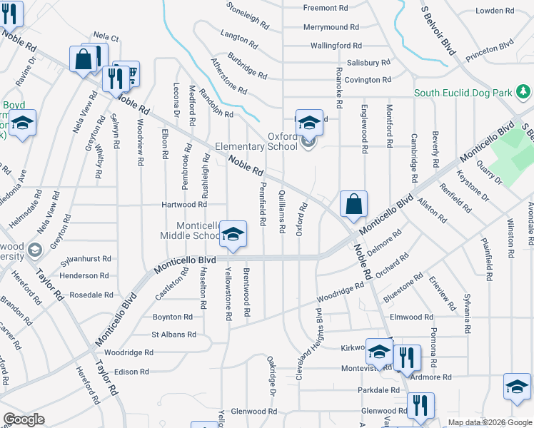 map of restaurants, bars, coffee shops, grocery stores, and more near 1035 Pennfield Road in Cleveland Heights