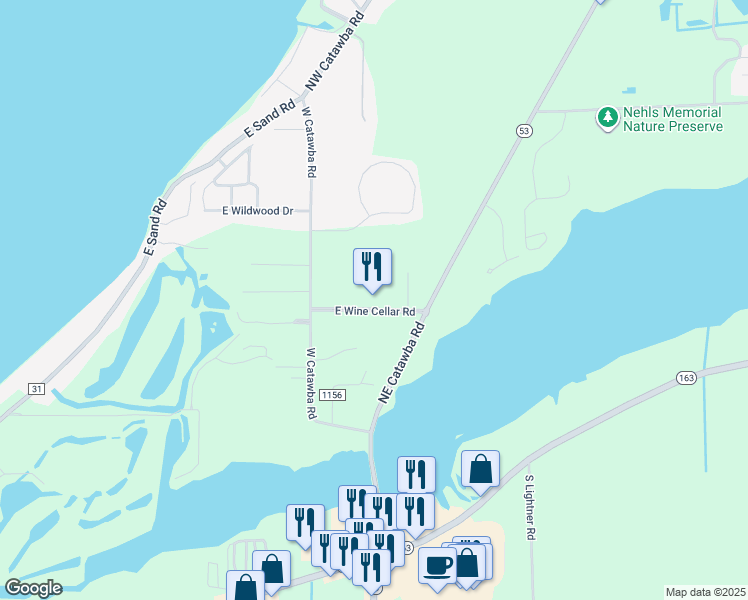 map of restaurants, bars, coffee shops, grocery stores, and more near 3845 East Wine Cellar Road in Port Clinton