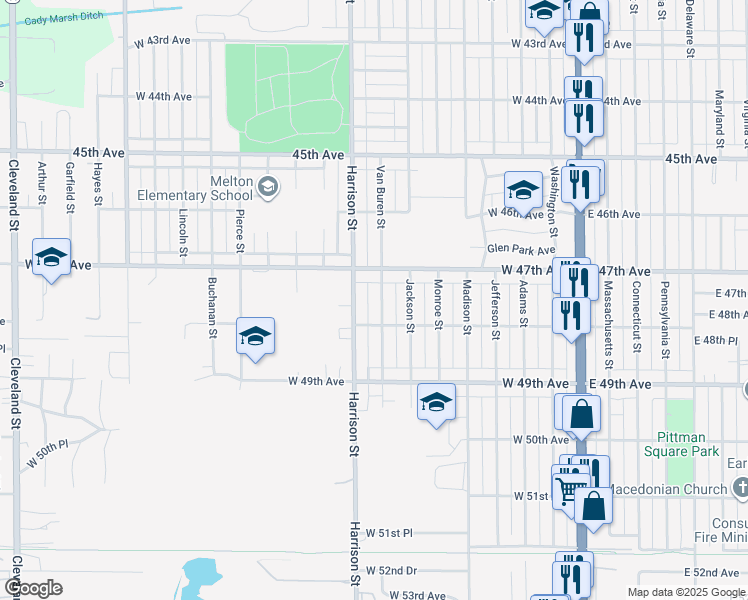 map of restaurants, bars, coffee shops, grocery stores, and more near 4748 Van Buren Street in Gary