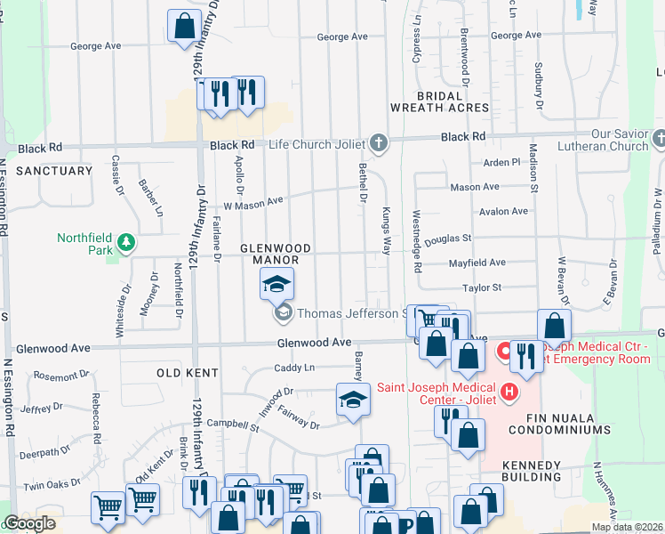 map of restaurants, bars, coffee shops, grocery stores, and more near 517 Terry Drive in Joliet
