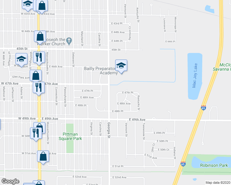 map of restaurants, bars, coffee shops, grocery stores, and more near 4740 Rhode Island Street in Gary
