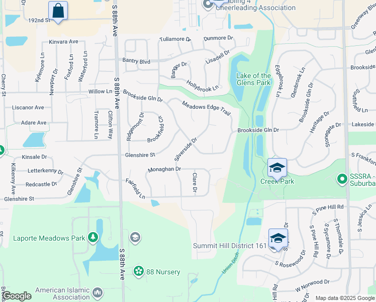 map of restaurants, bars, coffee shops, grocery stores, and more near 19707 Silverside Drive in Tinley Park