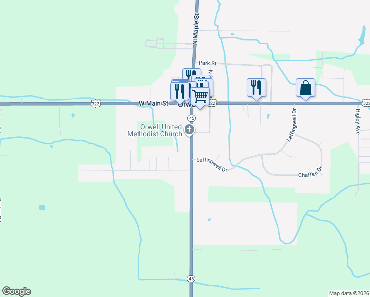 map of restaurants, bars, coffee shops, grocery stores, and more near 110 S Maple St in Orwell