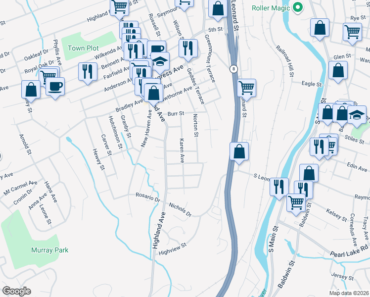 map of restaurants, bars, coffee shops, grocery stores, and more near 60 Macnamara Street in Waterbury