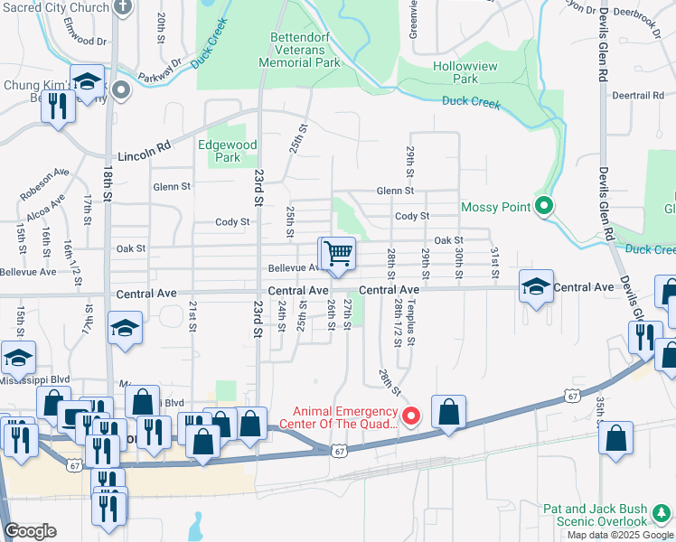 map of restaurants, bars, coffee shops, grocery stores, and more near 2607 Bellevue Avenue in Bettendorf