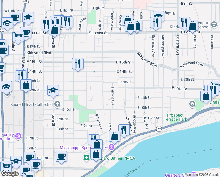 map of restaurants, bars, coffee shops, grocery stores, and more near 1207 Tremont Avenue in Davenport