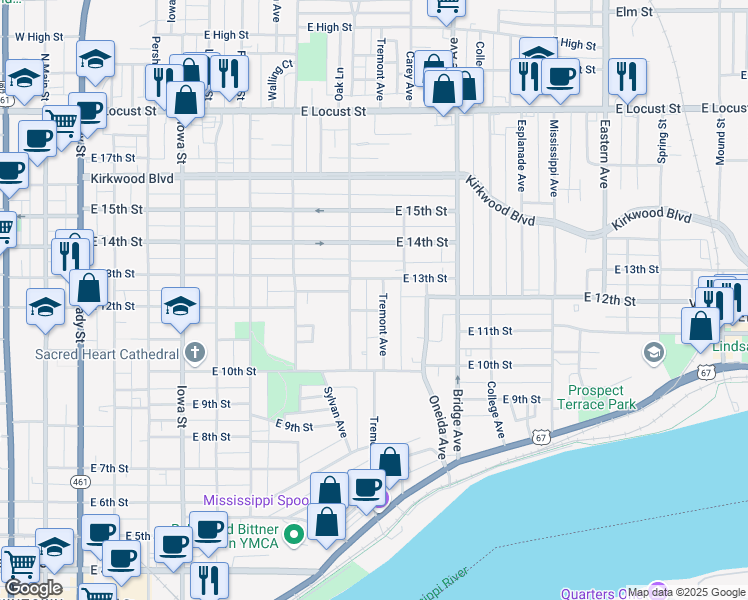 map of restaurants, bars, coffee shops, grocery stores, and more near 1210 Tremont Avenue in Davenport